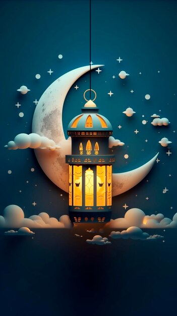 An Eid al Adha illustration with Star and crescent moon night and illuminated lantern with clouds