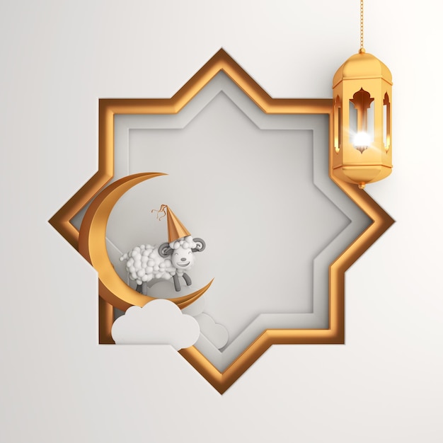 Eid al adha islamic decoration background with goat sheep lantern crescent arabic window