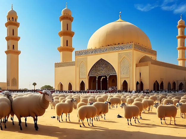 Eid Al Adha Islamic festival photo in front of the mosque with sheep