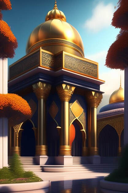 写真 イード・アル・アドハー・イスラム・モスクのイラストアラビア語の提灯とイスラム背景アラブの歴史3d