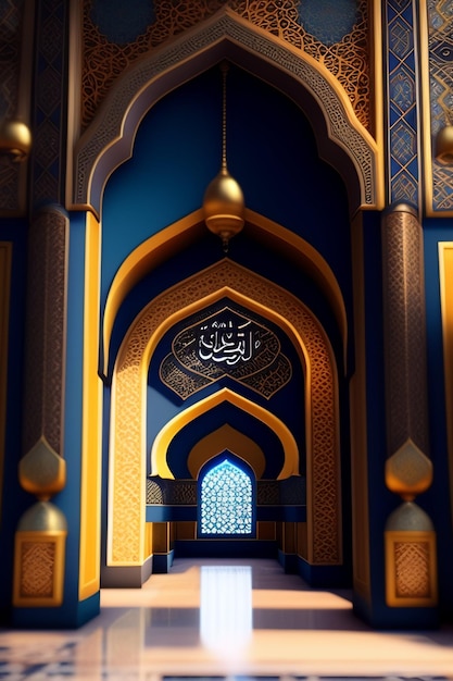 イード・アル・アドハー・イスラム・モスクのイラストアラビア語の提灯とイスラム背景アラブの歴史3D