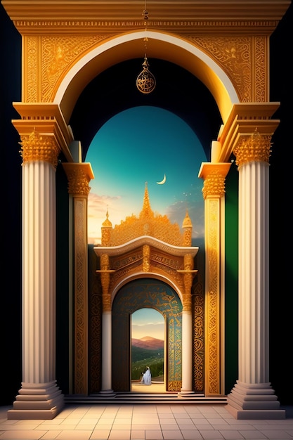 Photo eid al adha islamic mosque illustration arabic lanterns and islamic background arab history 3d