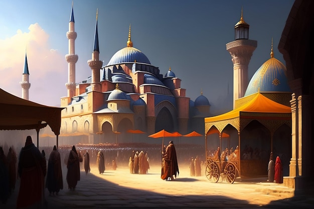 Eid al Adha 이슬람 모스크 그림 아랍어 등불 및 이슬람 배경 아랍 역사 3d