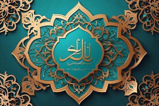 Eid Al Adha kalligrafie ontwerp met bruine en turquoise arabesque decoraties