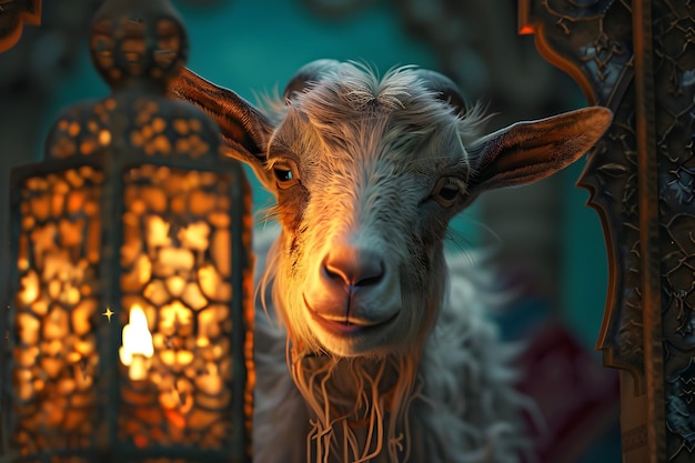 Eid Al Adha Mubarak achtergrond met geit en islamitische lantaarn achtergrond