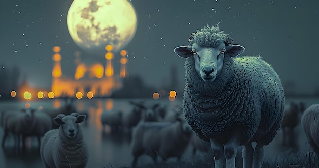 Eid Al Adha Mubarak achtergrond met schapen en moskee achtergrond