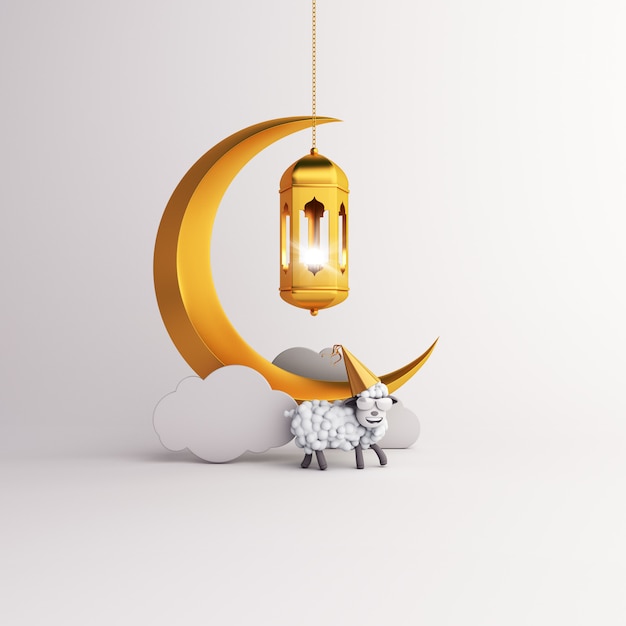 Eid al adha mubarak background with lantern crescent and sheep