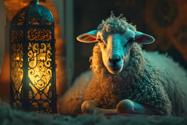 Eid Al Adha Mubarak background with sheep and islamic lantern background