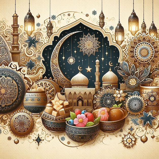 Декоративный фон Ид аль-Адха Мубарак, наполненный исламской красотой, созданный искусственным интеллектом