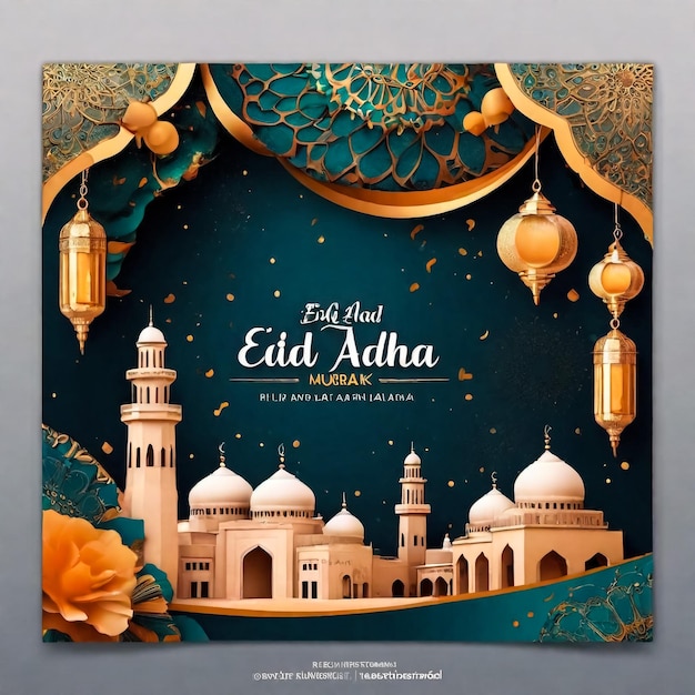 Eid Al adha Mubarak flyer met 3D-elementen illustratie ontwerp achtergrond