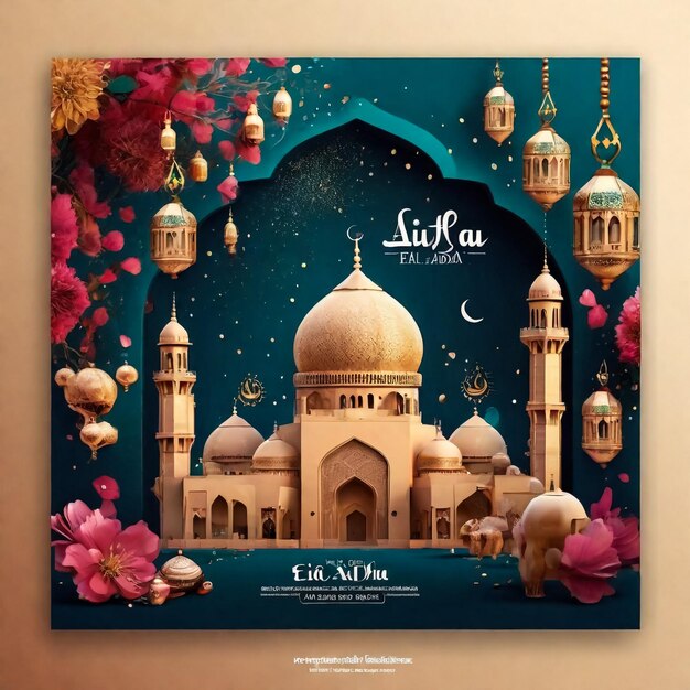 Eid Al adha Mubarak flyer with 3D elements illustration design background