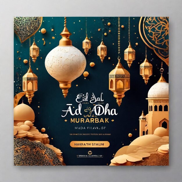 Foto flyer di eid al adha mubarak con elementi 3d sullo sfondo del design dell'illustrazione