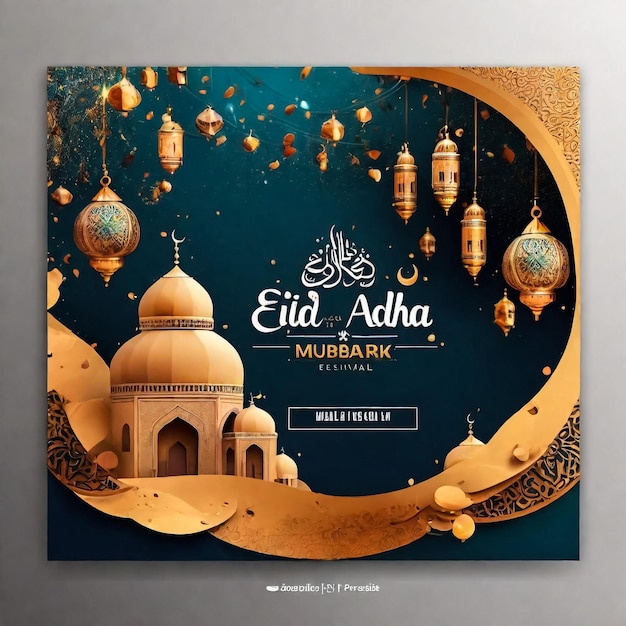 Photo eid al adha mubarak flyer with 3d elements illustration design background