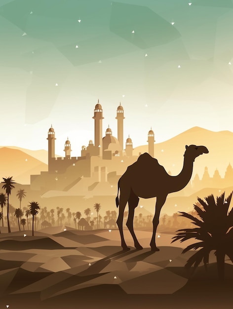 사진 낙타와 모스크가 있는 eid al adha mubarak 인사말 카드 eid mubarak