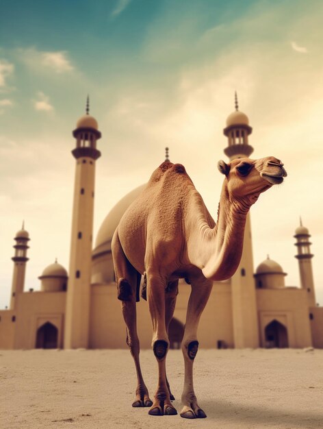 Foto biglietto di auguri eid al adha mubarak con cammello e moschea eid mubarak