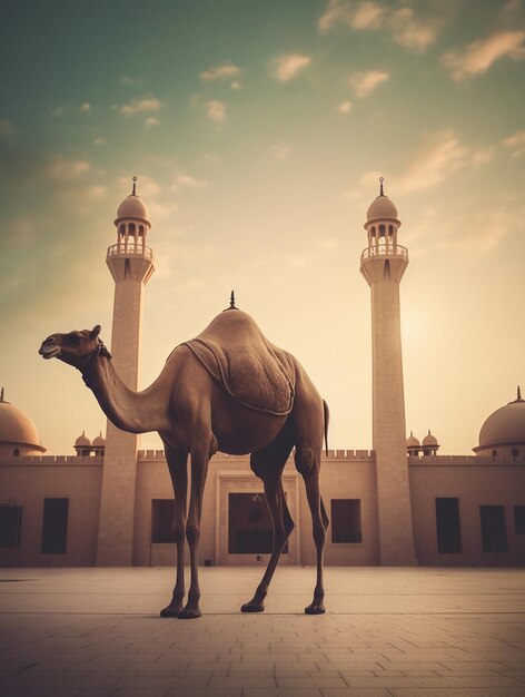 Foto biglietto di auguri eid al adha mubarak con cammello e moschea eid mubarak