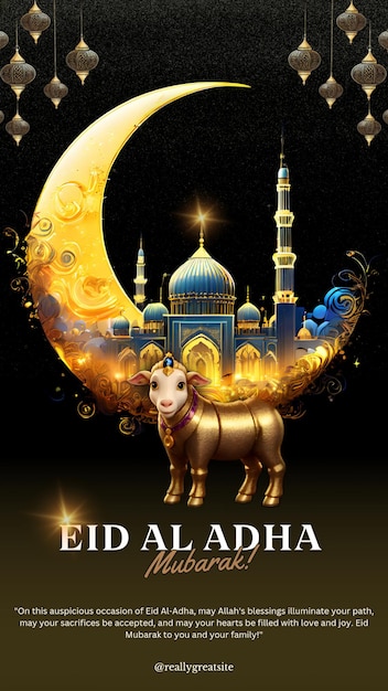 Photo eid al adha mubarak islamic festival social media banner template goat mosque and moon ai generated