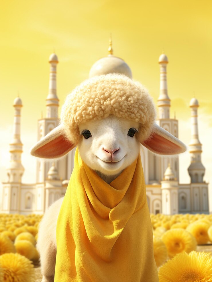Eid al adha mubarak islamic festival with Cute sheep eid greeting card