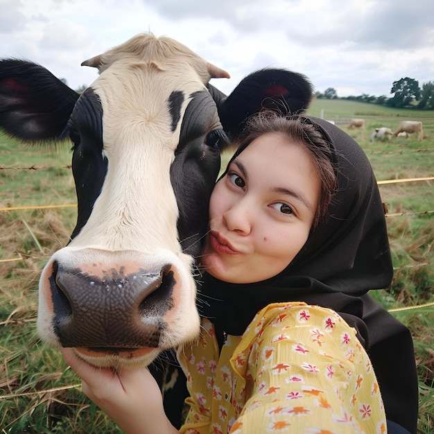 Foto eid al adha mubarak festa islamica del sacrificio con una mucca e una selfie di una ragazza musulmana sullo sfondo