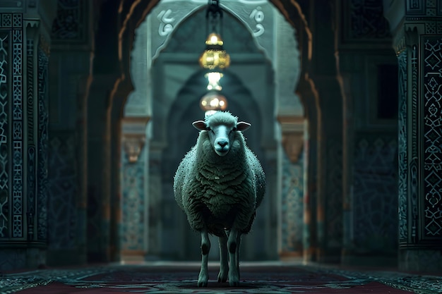 Eid al Adha Mubarak Islamic sacrifice festival with islamic lights and sheep background