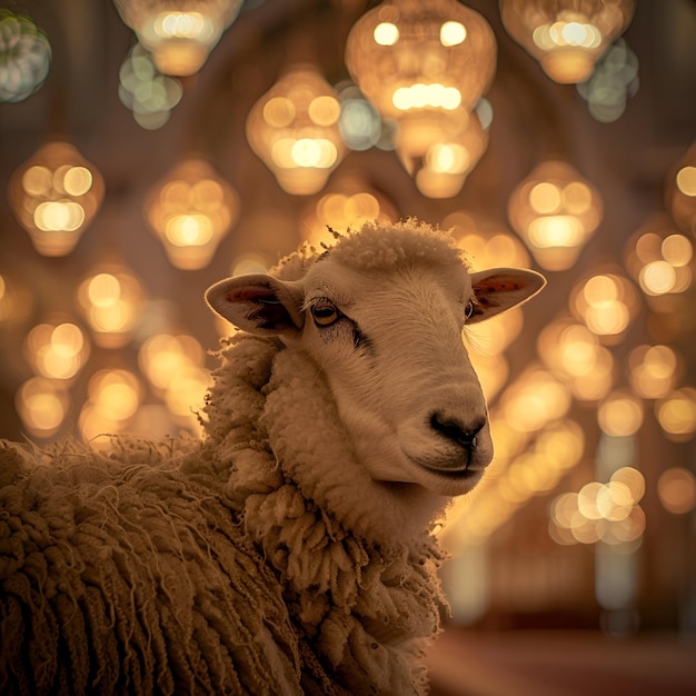 Eid al Adha Mubarak Islamic sacrifice festival with islamic lights and sheep background