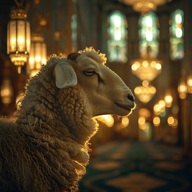 Eid al Adha Mubarak Islamic sacrifice festival with islamic lights and sheep background