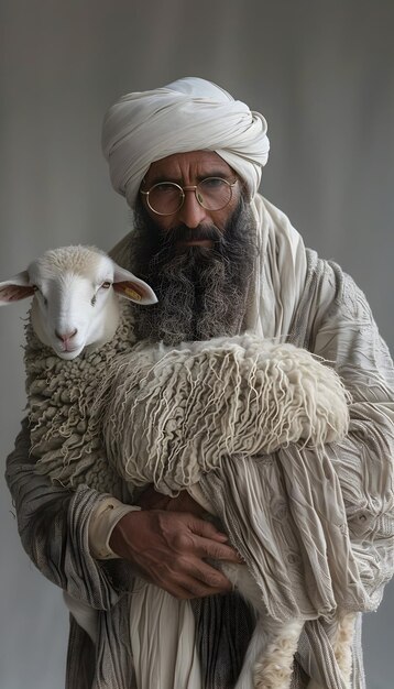 Eid al Adha Mubarak Islamic sacrifice festival with sheep and Muslim man selfie background