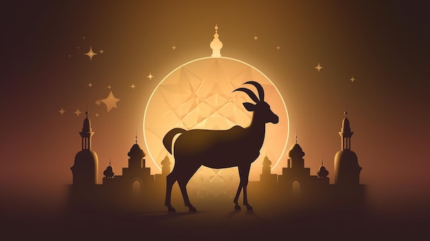Photo eid al adha mubarak islamic silhouette goat in shiny golden mosque generative ai
