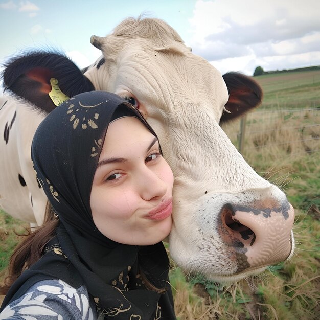 Foto eid al adha mubarak islamitisch offerfeest met koe en moslimmeisje selfie achtergrond