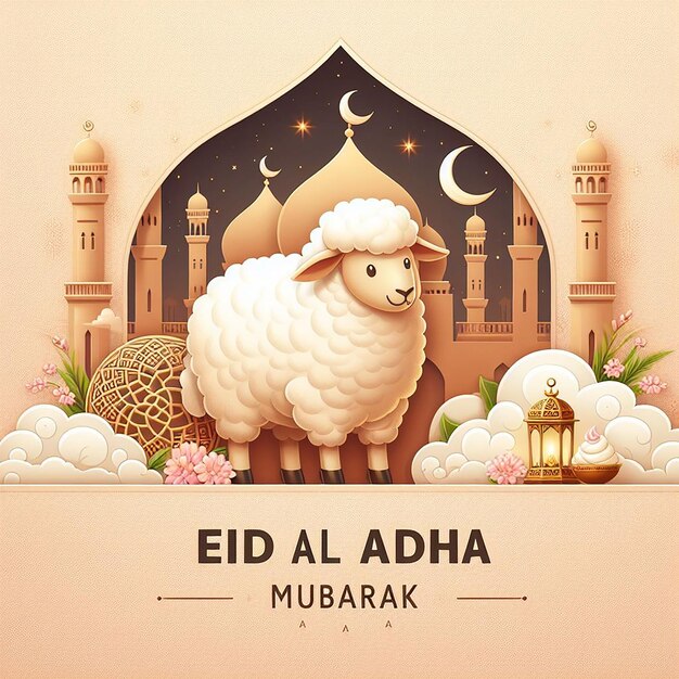 Eid al adha mubarak poster template with sheep background