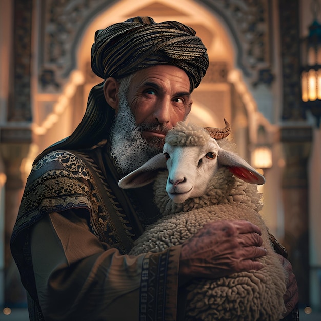 Photo eid al adha mubarak sheep with man and islamic lantern in background eid al adha greetings
