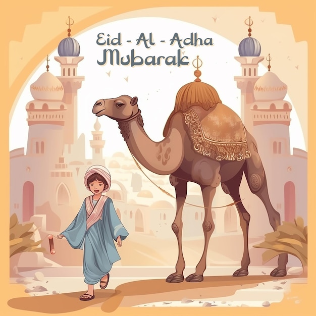 Eid Al Adha Mubarak sociaal ontwerp een moslimjongen die met een kameel loopt