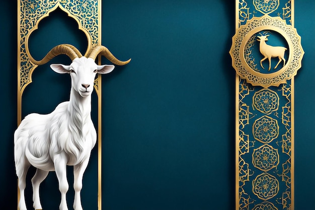 Eid al Adha Mubarak White Goat In Abstract Gold Shapes with Custom Text Space background