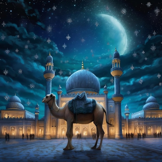 Eid al adha night moment with camel and mosque background