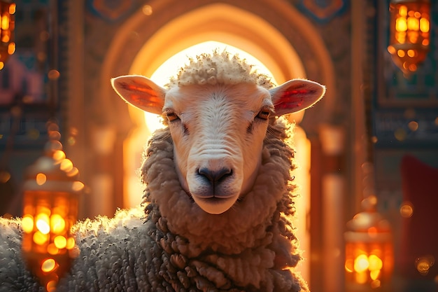 Eid al Adha offer social media post achtergrond met schapen en islamitische lichten