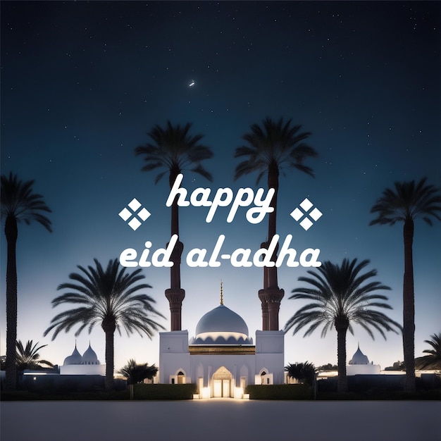 Eid al adha poster golden colored mosque background at night