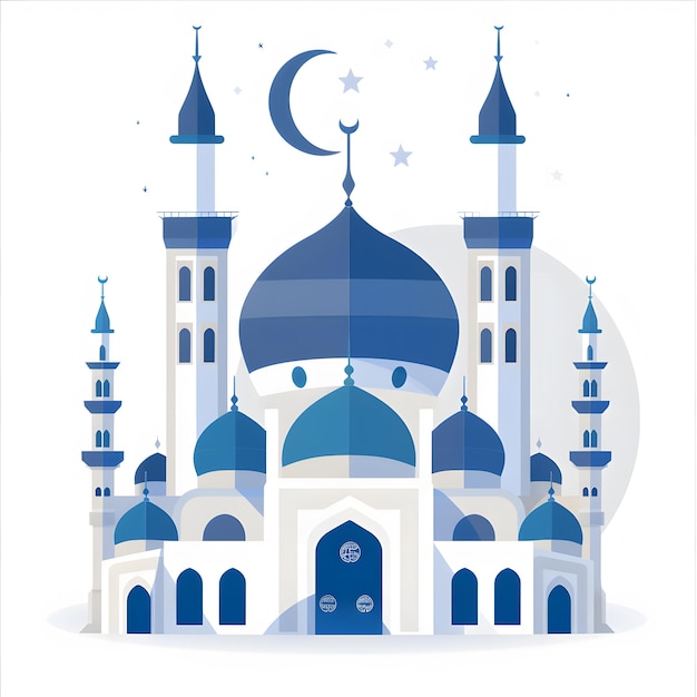 이드 알 아다 (Eid al adha) 는 밤에 모스크의 평평한 터 일러스트레이션입니다.