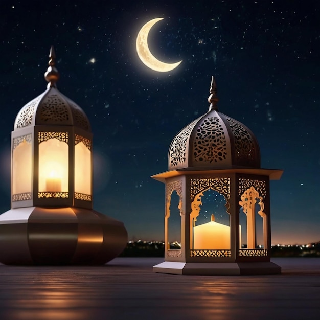 Eid al fitr 3D lantaarn en moskee met 3D maan met nacht mooie Eid Mubarak achtergrond