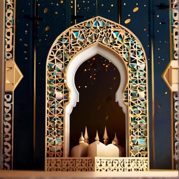 Eid al fitr 3D lantaarn en moskee met 3D maan met nacht mooie Eid Mubarak achtergrond