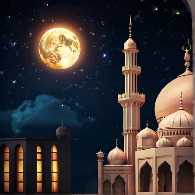 사진 eid al-fitr 3d 랜턴과 3d 달과 함께 모스크 밤 아름다운 eid mubarak 배경