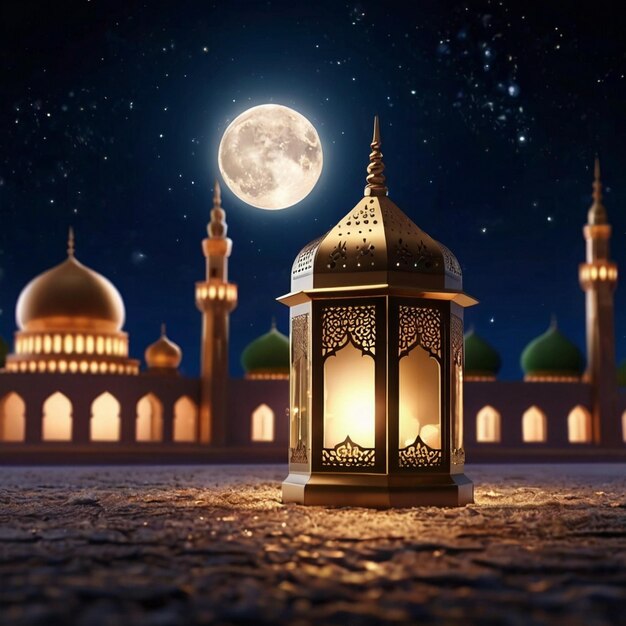 사진 eid al-fitr 3d 랜턴과 3d 달과 함께 모스크 밤 아름다운 eid mubarak 배경