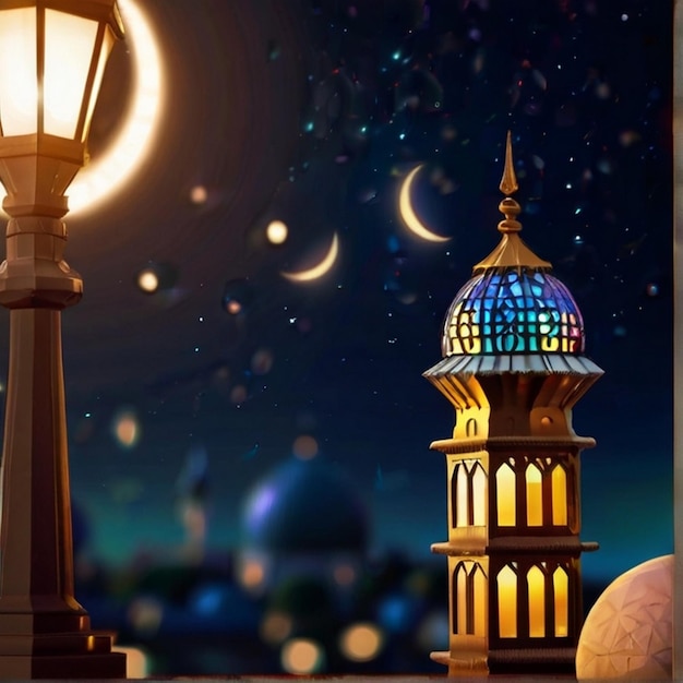 Eid al fitr 3D lantern and mosque with 3d moon with night beautiful Eid Mubarak Background