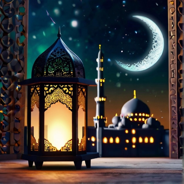 Eid al-Fitr 3D 랜턴과 3D 달과 함께 모스크 밤 아름다운 Eid Mubarak 배경