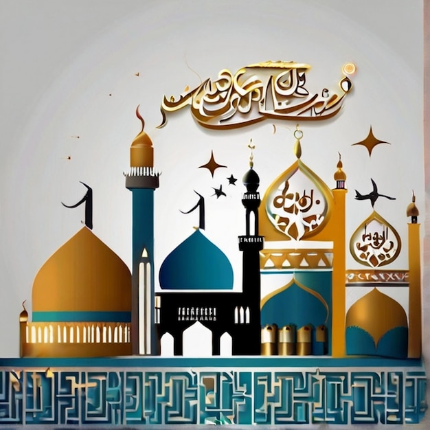 Eid al fitr 3D lantern and mosque with 3d moon with night beautiful Eid Mubarak Background