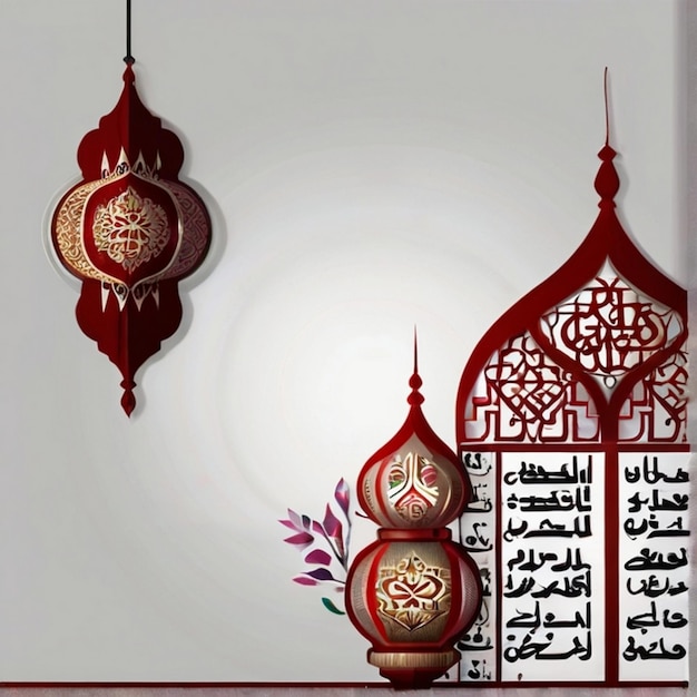 Eid al fitr 3D lantern and mosque with 3d moon with night beautiful Eid Mubarak Background