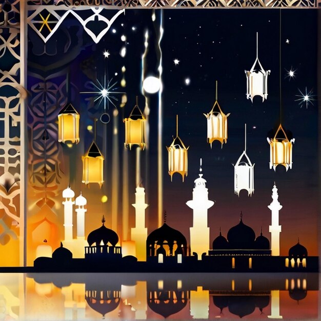 Photo eid al fitr 3d lantern and mosque with 3d moon with night beautiful eid mubarak background