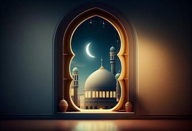 Eid al fitr achtergrond van raam met moskee Ramadan kareem eid mubarak islamitische lantaarn op een tafel