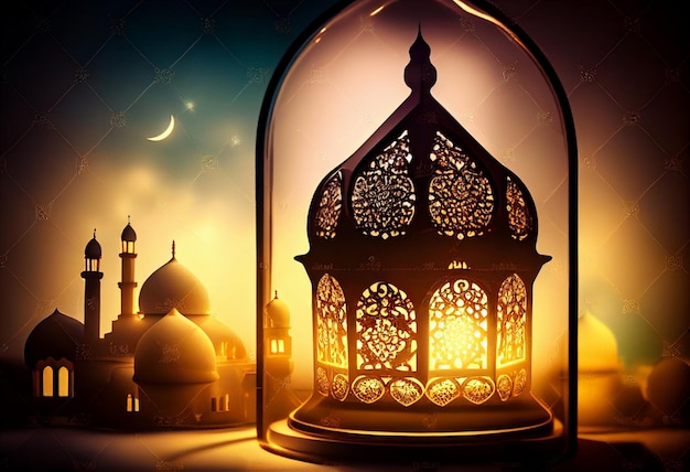 Eid al fitr achtergrond van raam met moskee Ramadan kareem eid mubarak islamitische lantaarn op een tafel