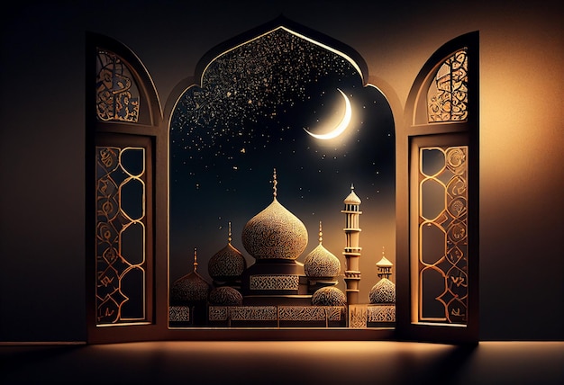 Eid al fitr background of window with mosque Ramadan kareem eid mubarak islamic lantern on a table