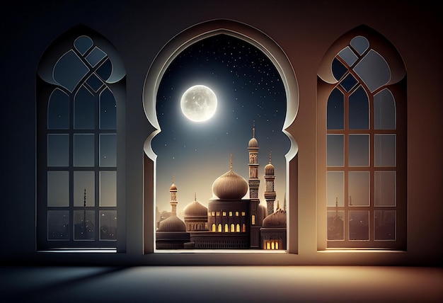 Eid al fitr background of window with mosque Ramadan kareem eid mubarak islamic lantern on a table